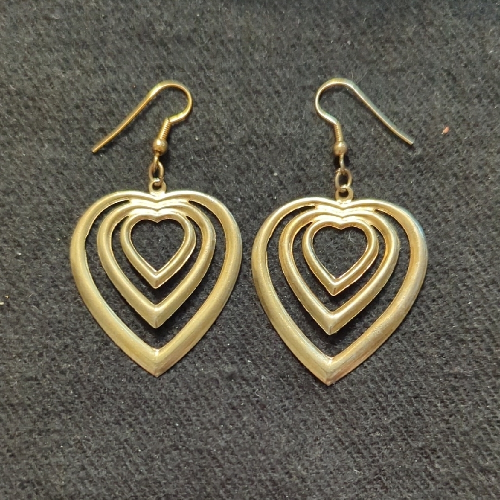Gold Tone Heart Shape Dangle Statement Earrings